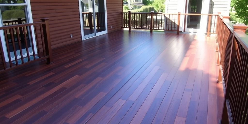 Professionally stained deck with rich wood finish