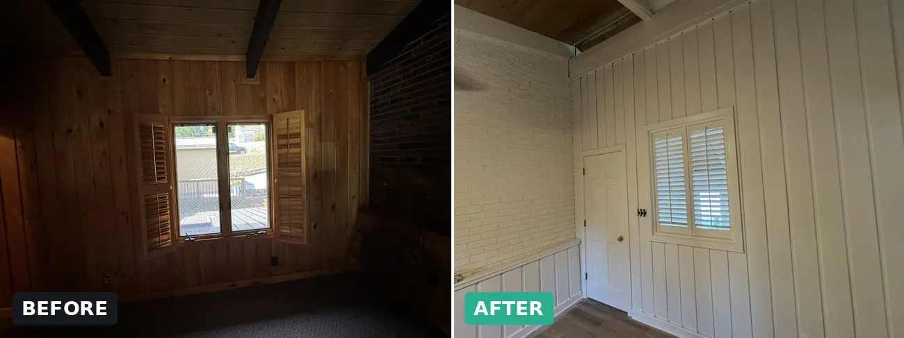 Bedroom before and after — paneling, shutters & trim — interior repaint by Vibrant Painting, Greenville SC