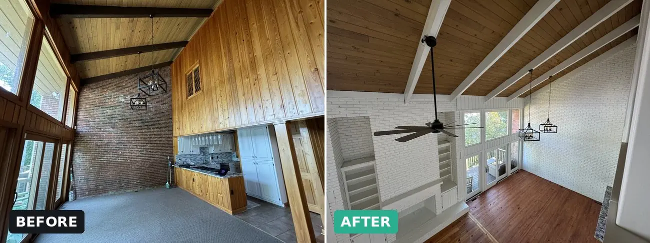 Two-story brick wall before and after — Brick and paneling, top to bottom — interior repaint by Vibrant Painting, Greenville SC