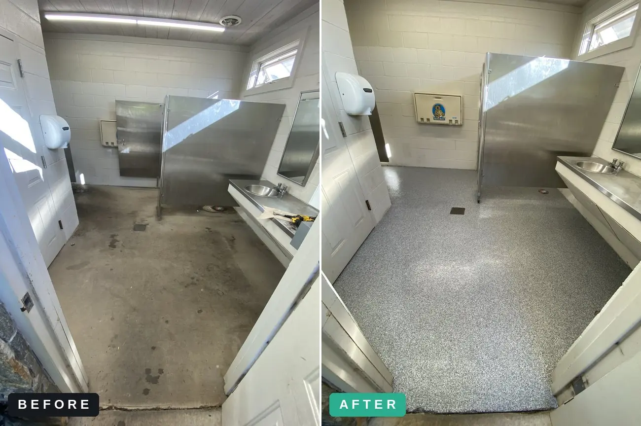 Park restroom before and after — stained bare concrete to sealed flake floor — epoxy flake flooring by Vibrant Painting, Greenville SC