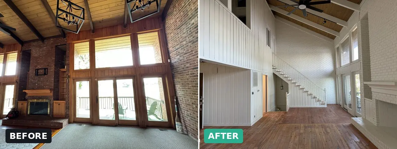 Living & staircase before and after — Brick, paneling, rails & treads — interior repaint by Vibrant Painting, Greenville SC