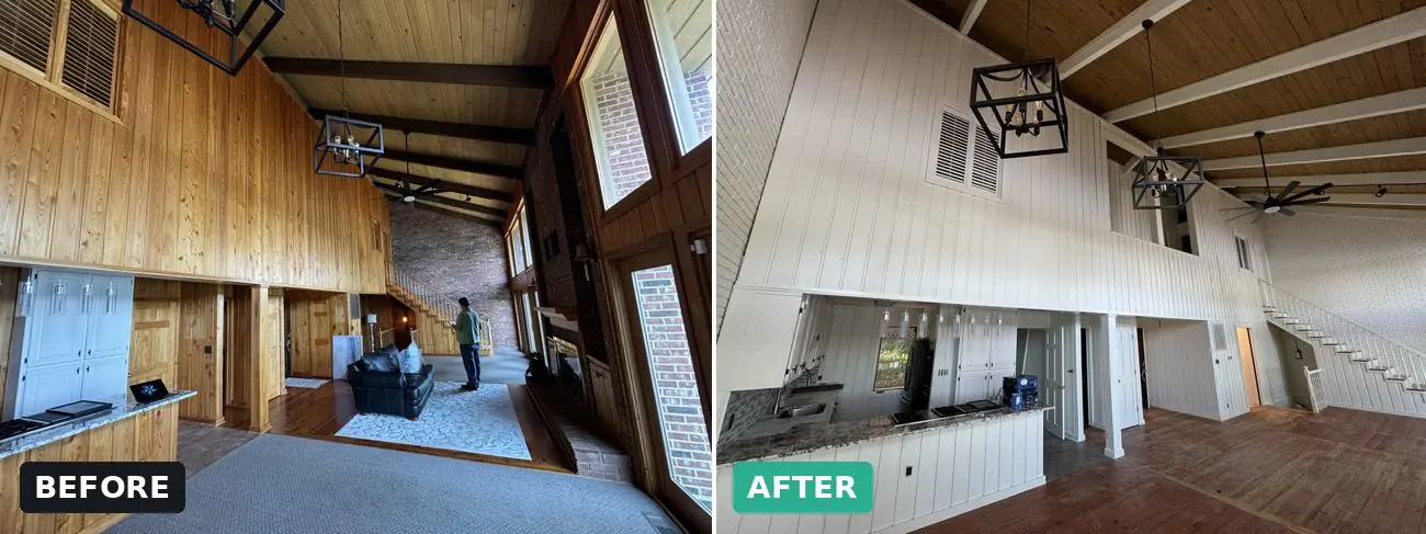 Great room before and after — walls, vaulted ceiling, beams & trim — interior repaint by Vibrant Painting, Greenville SC