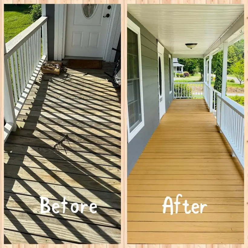 Front porch restoration — rotted boards replaced, sanded & stained — exterior painting by Vibrant Painting, Greenville SC